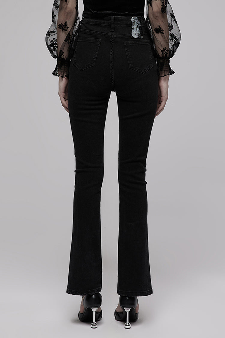 Black Denim Chain Decorated Tight Waist Slit Micro Punk Flared Women's Pants