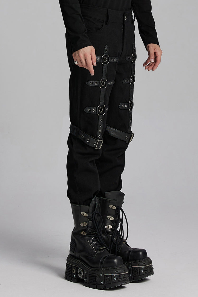Black Buckle Eyelets Ring Men's Punk Pants