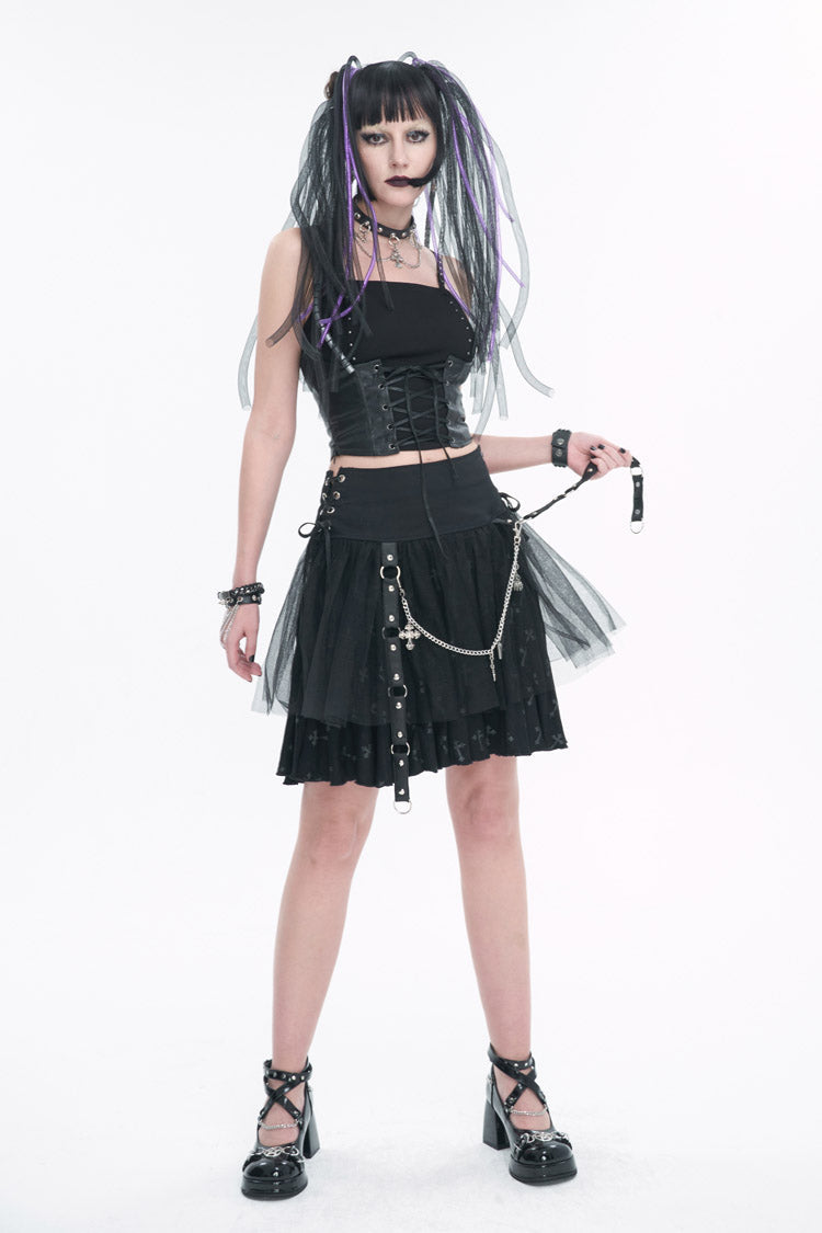 Black Cross Print Side Waist Straps Detachable Metal Chain Women's Punk Skirt