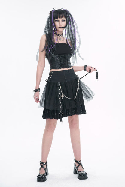 Black Cross Print Side Waist Straps Detachable Metal Chain Women's Punk Skirt
