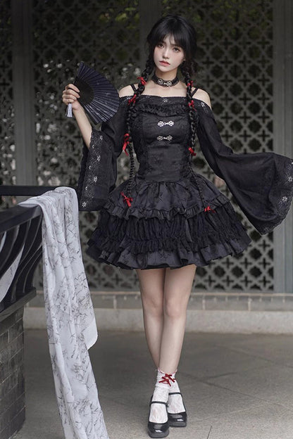 Black Bamboo Leaves Print Ruffle Lace Gothic Chinese Style Lolita Skirt