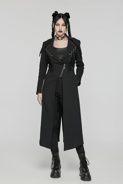 Black Lapel Collar Metal Chains Long Sleeves Women's Punk Long Coat