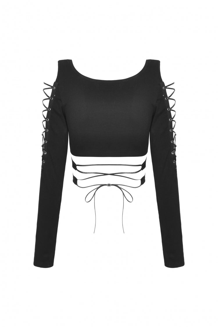 Black Long Sleeves Irregular Strappy Bat Women's Punk Crop Top