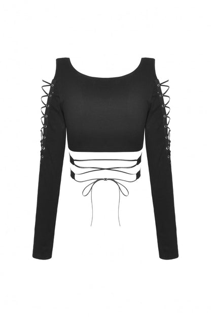 Black Long Sleeves Irregular Strappy Bat Women's Punk Crop Top