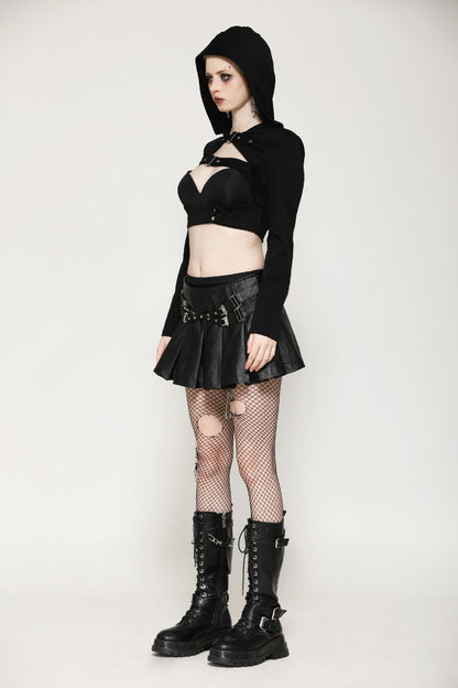 Black Low Waisted Buckle-Up Women's Punk PU Leather Pleated Mini Skirt