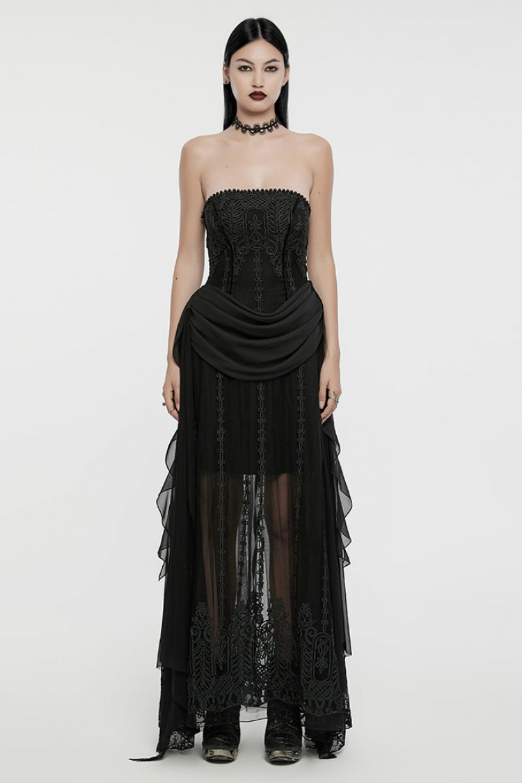 Black Off Shoulder Sleeveless Spliced Lace-Up Slim Pleated Women's Gothic Corset  Chiffon Strapless Dress