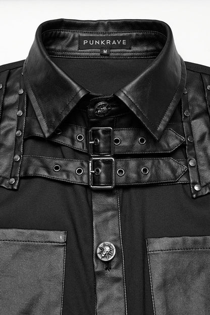 Black Lapel Collar Long Sleeves Faux Leather Stitching Buckle Men's Punk Blouse
