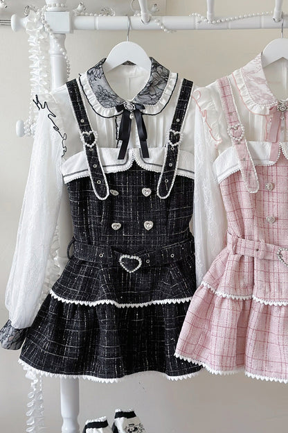 Black Plaid Printed Pearl-Decorated Sweet Jirai Kei Japanese Strap Dress Set