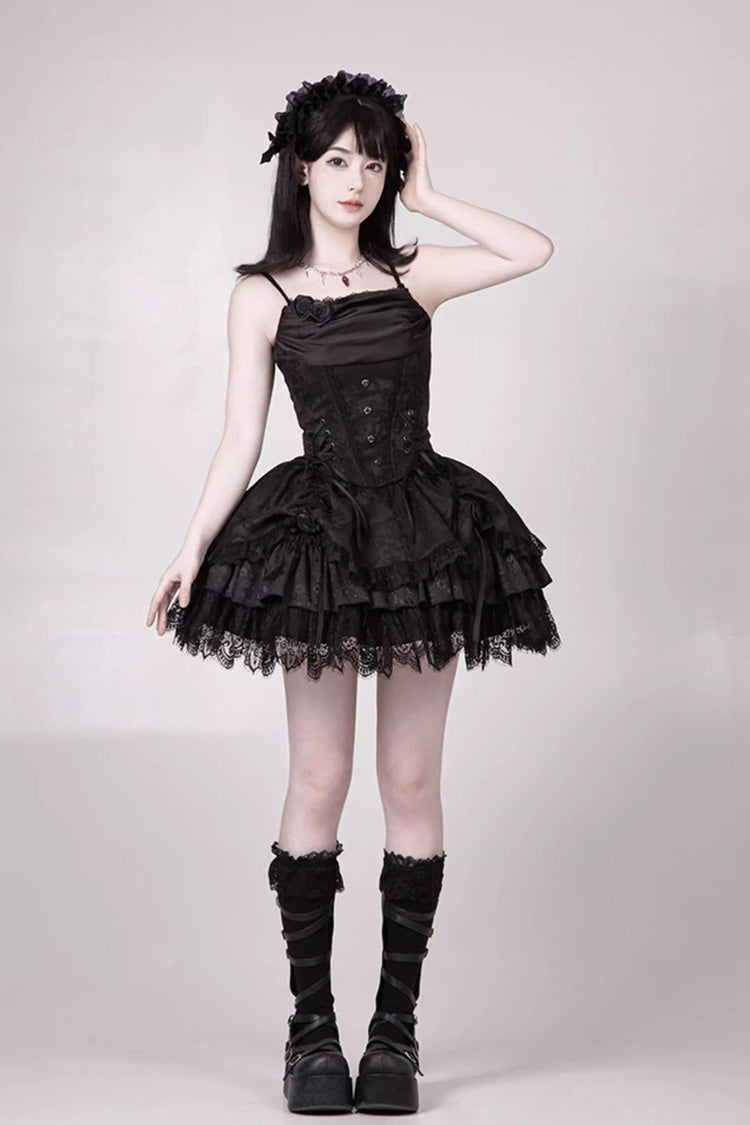Black  [Letters & Poems · Twilight] Multi-Layered Jacquard Ruffled Witch Gothic Lolita Skirt 2 Versions