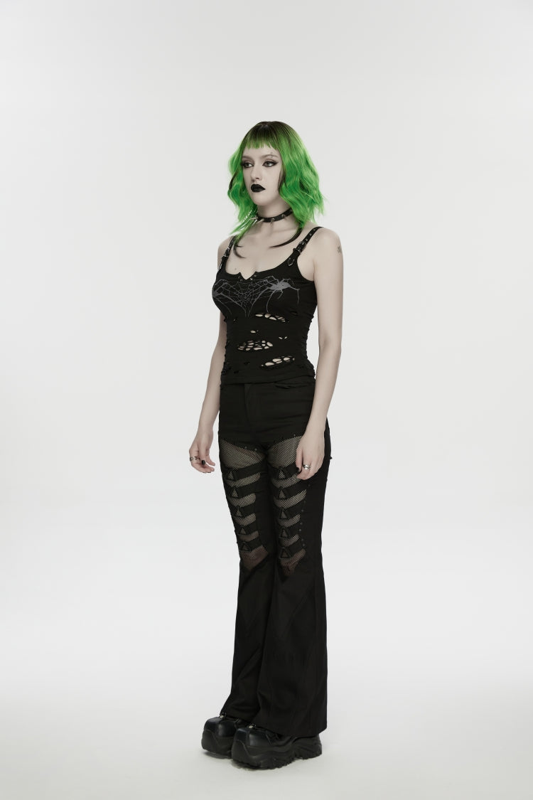 Black Off Shoulder Slim Ripped Buckled Women's Punk Spiders&Web Printed  Vest