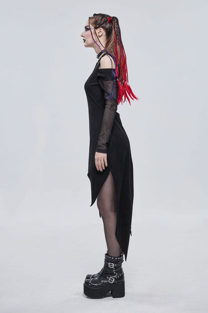 Black Asymmetric Distressed Design Metal Ghost Hand Buttonhole Decoration Women's Punk Dress