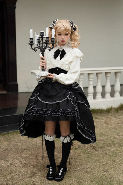 Black Late Night Castle Print Ruffle Gothic Lolita Skirt