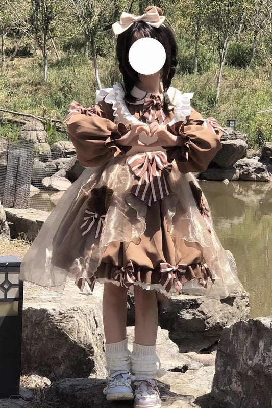Bear Long Sleeves High Waisted Ruffle Bowknot Sweet Lolita Dress 3 Colors