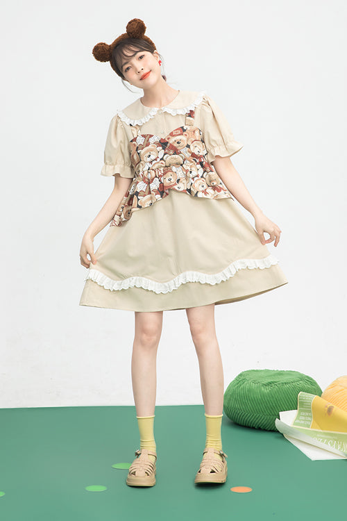 Beige Vintage Doll Collar Bear Print Fake Two Pieces Short Sleeves Sweet Lolita Dress