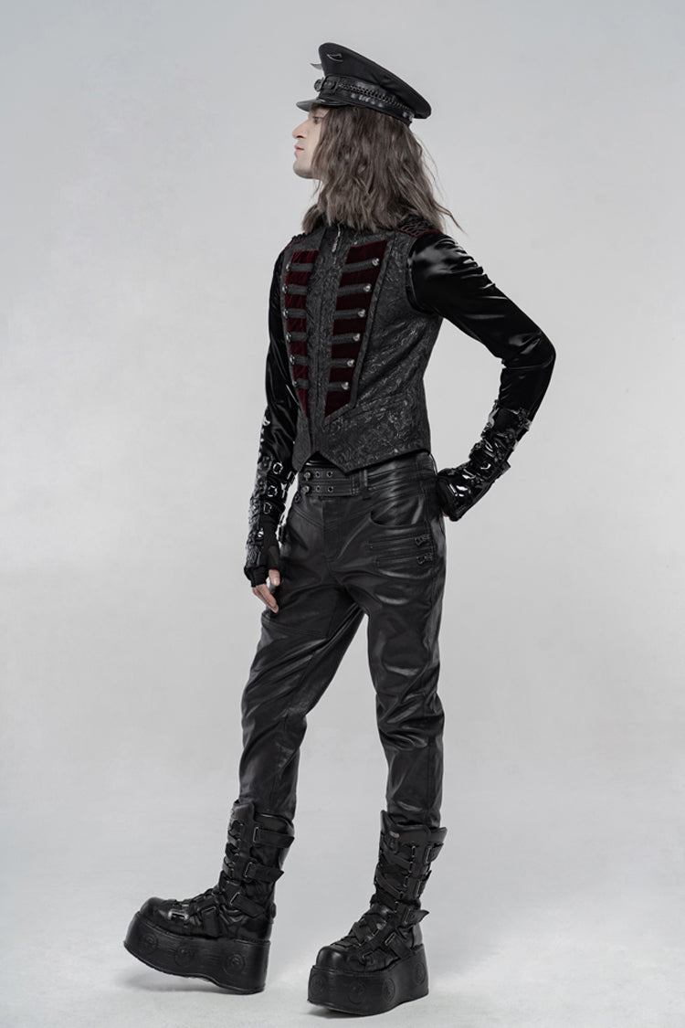 Black Jacquard Velvet Splice Weft Stand Up Collar Front Chest Breasted Decoration Men's Gothic Vest