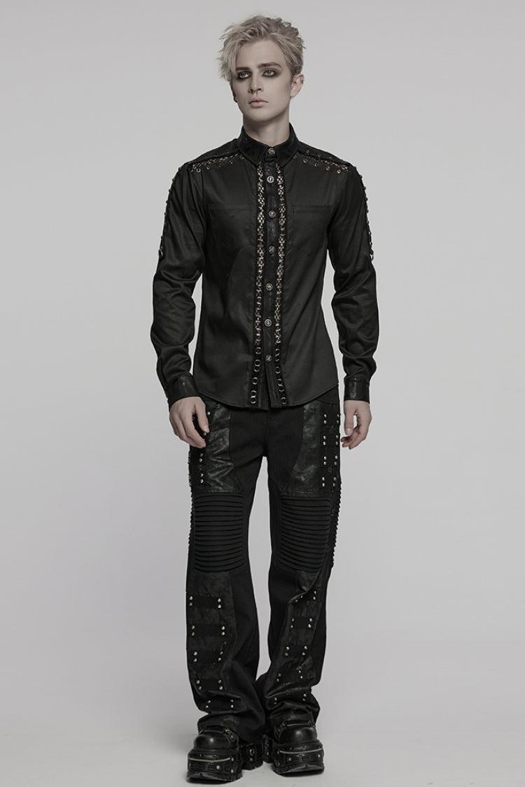 Black Lapel Collar Long Sleeves Stitching Pin Mesh Men's Punk Blouse