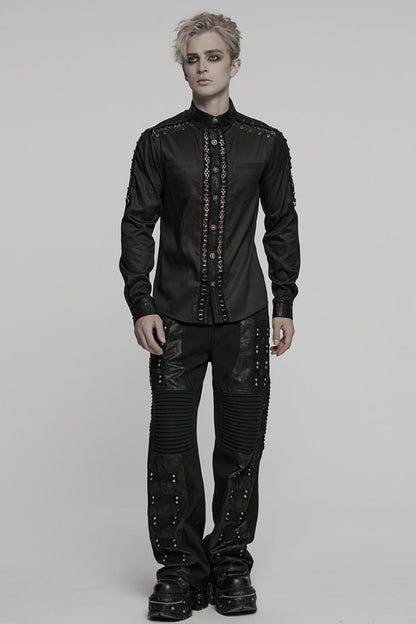 Black Lapel Collar Long Sleeves Stitching Pin Mesh Men's Punk Blouse