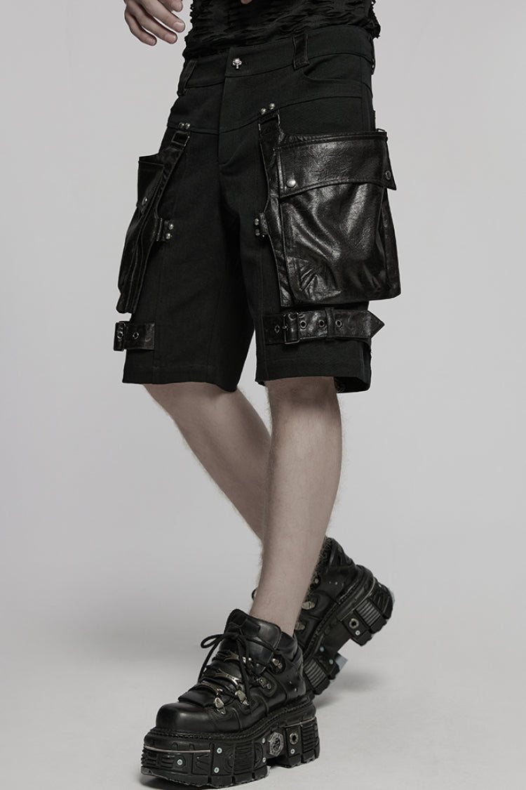 Black Big-pocket Faux Leather Stitching Men's Punk Shorts
