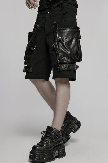 Black Big-pocket Faux Leather Stitching Men's Punk Shorts