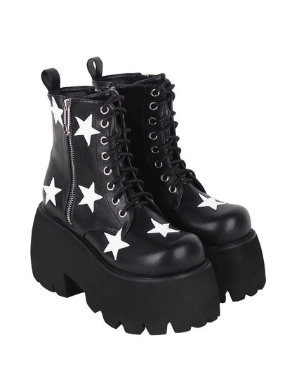 Black Five-pointed Star Print Zipper Punk Lolita Ankle Boots
