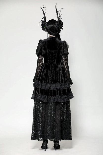Black Long Puff Sleeves Cut-Out Lace Spliced Velvet Lace-Up Women's Gothic Princess Evening Dress