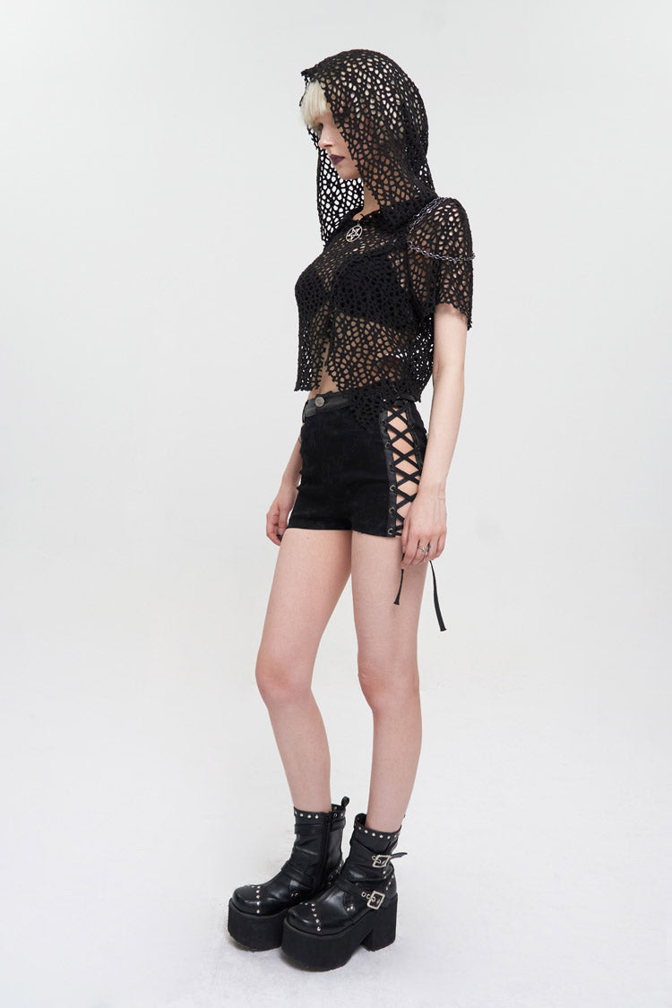 Black Cutout Hood Irregular Hem Aluminium Chain On Shoulder Short Sleeve Women's Punk T-Shirt