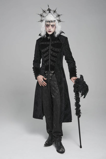 Black Diamante Stand Collar Long Sleeves Printed Zippered Men's Gothic Long Coat