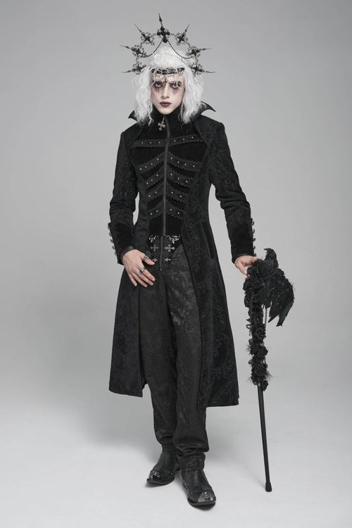 Black Diamante Stand Collar Long Sleeves Printed Zippered Men's Gothic Long Coat