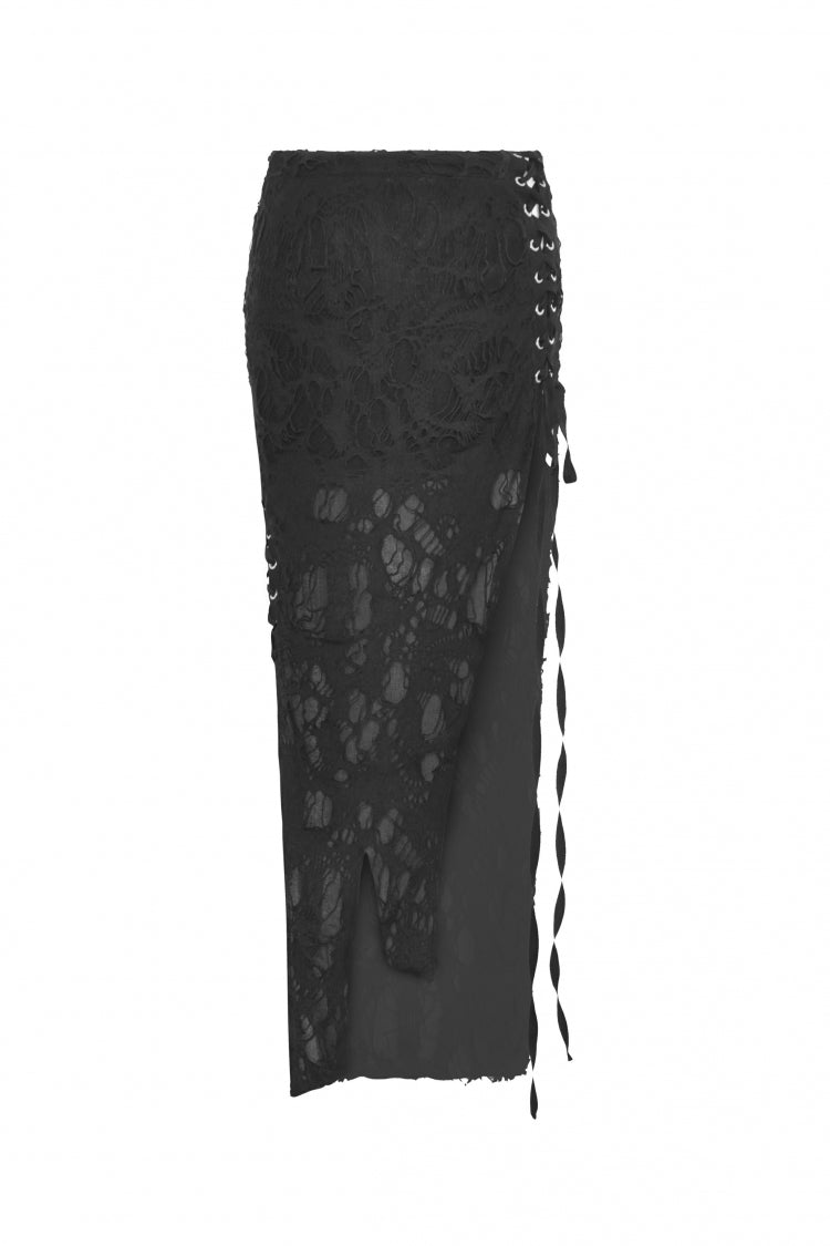 Black Lace-Up Ripped Women's Punk Split Long Skirt
