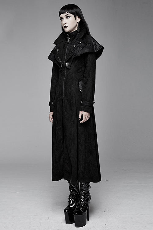 Black Hand Embroidered Big Shawl Collar Zipper Up Long Womens Gothic Coat