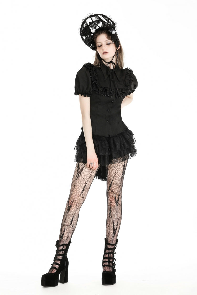 Black Point Collar Short Puff Sleeves Ruffled Women's Gothic Blouse
