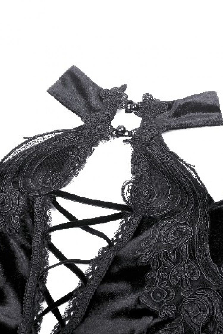 Black Long Sleeves Cut-Out Lace-Up Women's Gothic Side Slit Velvet Party Dress Wedding Dress
