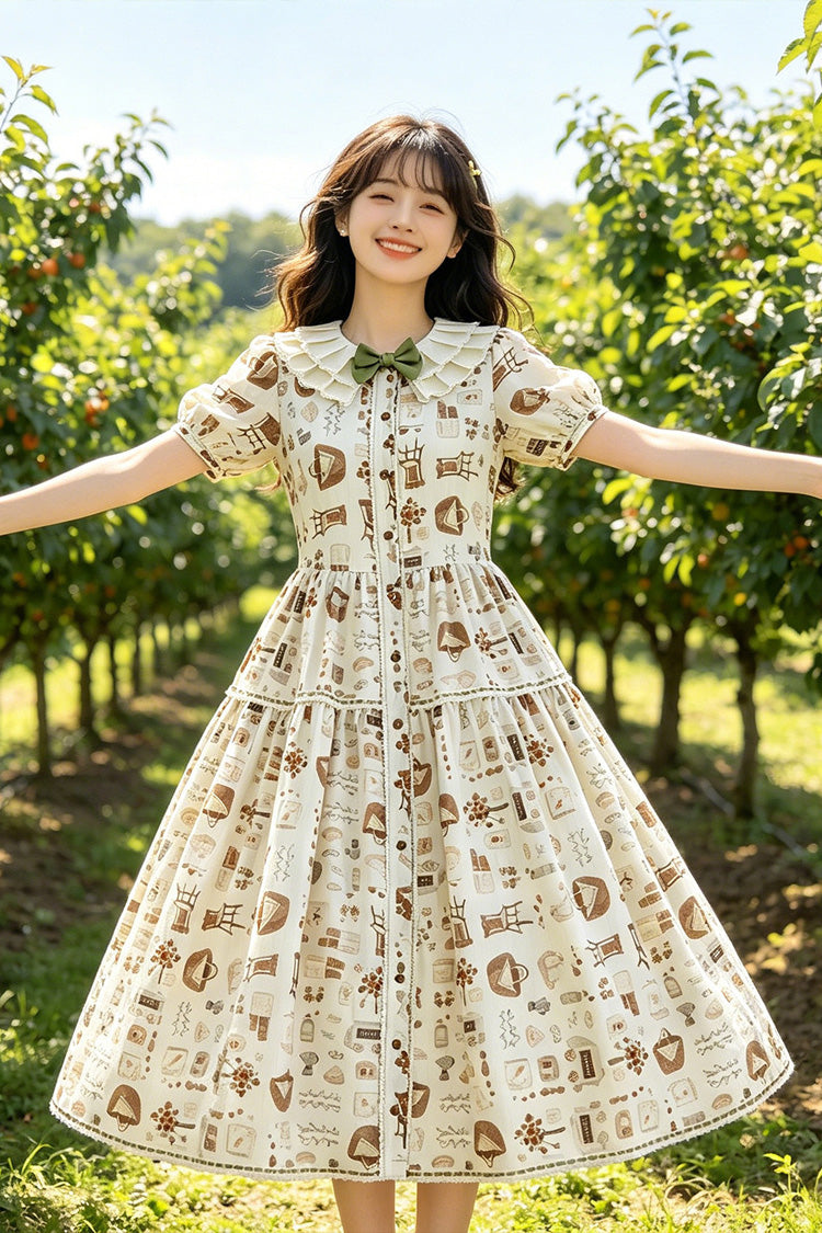 Apricot Short Sleeves Printed Ruffled Bow Sweet Plus Size Lolita Dress