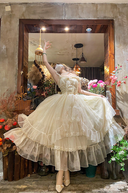 Apricot [Moonlight Sonata] Ruffle Cardigan Bowknot Lace Sweet Vintage Lolita Jsk Dress