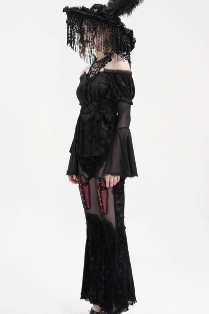Black Halterneck Long Sleeves Hollow Lace-Up Mesh Women's Gothic Blouse