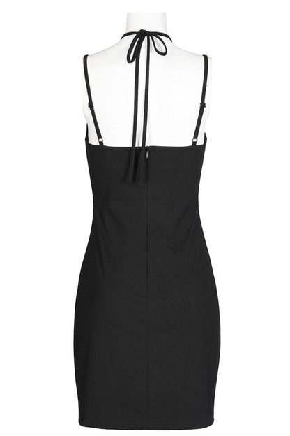 Black Knitted Stretch Hollow-Carved Design Drawstring Bodycon Shoulder Strap Halter Neck Women's Punk Dress