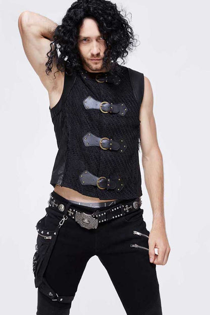 Black Coarse Texture Woolen Patchwork Heat Seal Backing Leather Loop Rough Selvage Men's Punk Waistcoat