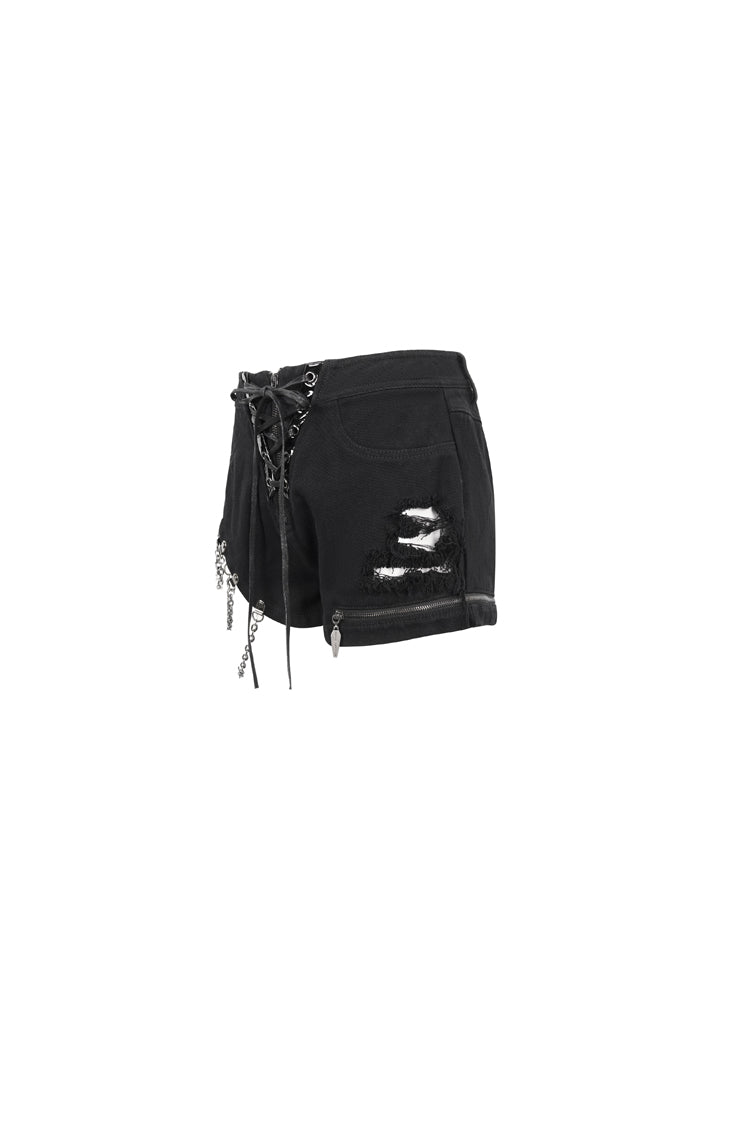 Black Asymmetric Metal Chain Ripped Zip Denim Women's Punk Shorts