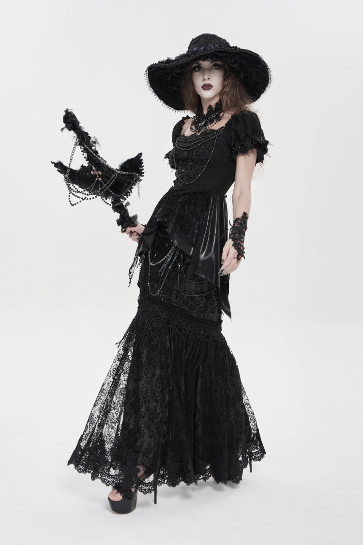 Black Double-Layered Embroidered Lace Slim Pearl-Decorated Women's Gothic Skirt