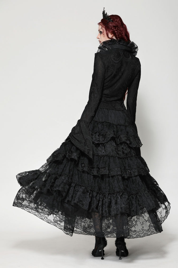 Black Lace Ruffled V Stand Collar Long Flared Sleeves Jacquard Women's Gothic Blouse