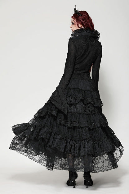 Black Lace Ruffled V Stand Collar Long Flared Sleeves Jacquard Women's Gothic Blouse