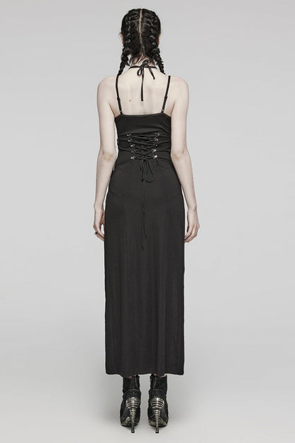Black Halterneck Lace-Up Ripped Side Slit Women's Punk Dress
