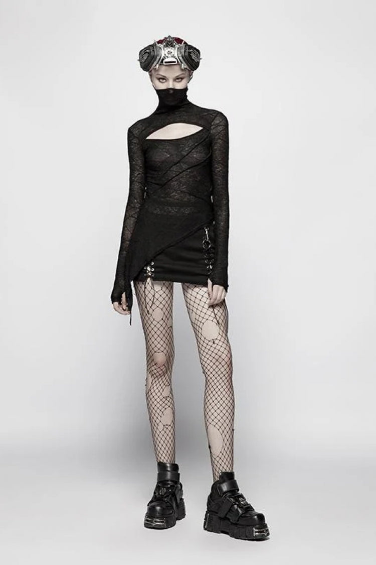 Black High Collar Long Sleeves Hollow Asymmetric Women's Punk T-Shirt
