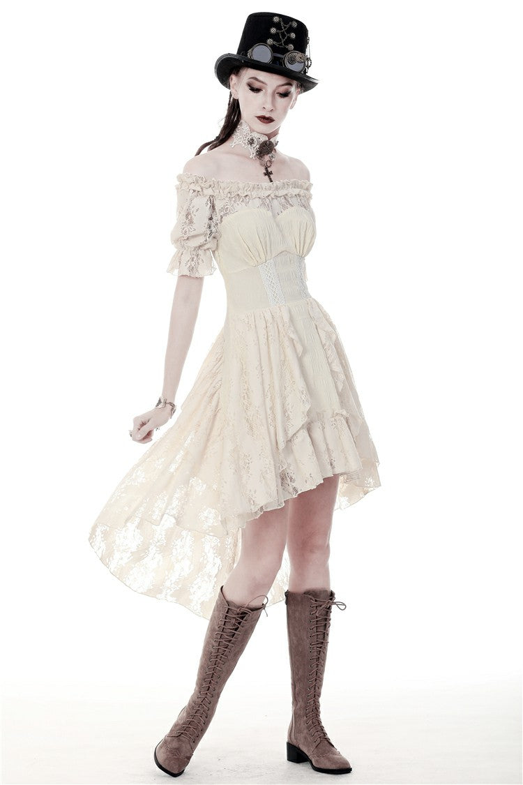 Beige Ruffled Off Shoulder Short Sleeves Ruched Women's Steampunk Vintage Gorgeous Graduation Dress