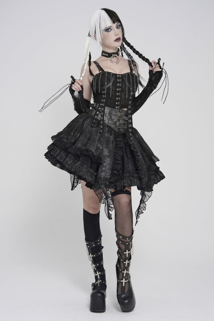 Black Off Shoulder Lace Lace-Up Slim Mesh Strappy Chain-Decorated Eyelet Women's Punk Corset