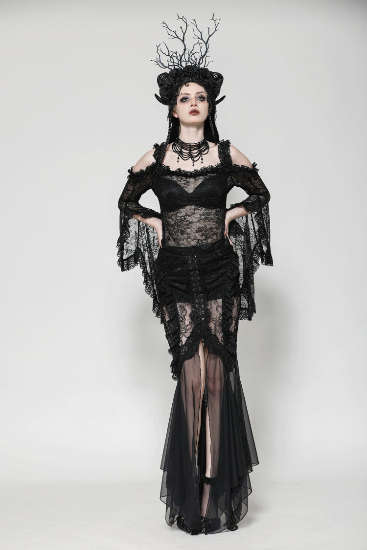 Black Lace-Up Mesh Spliced Lace Women's Gothic Fishtailed Skirt