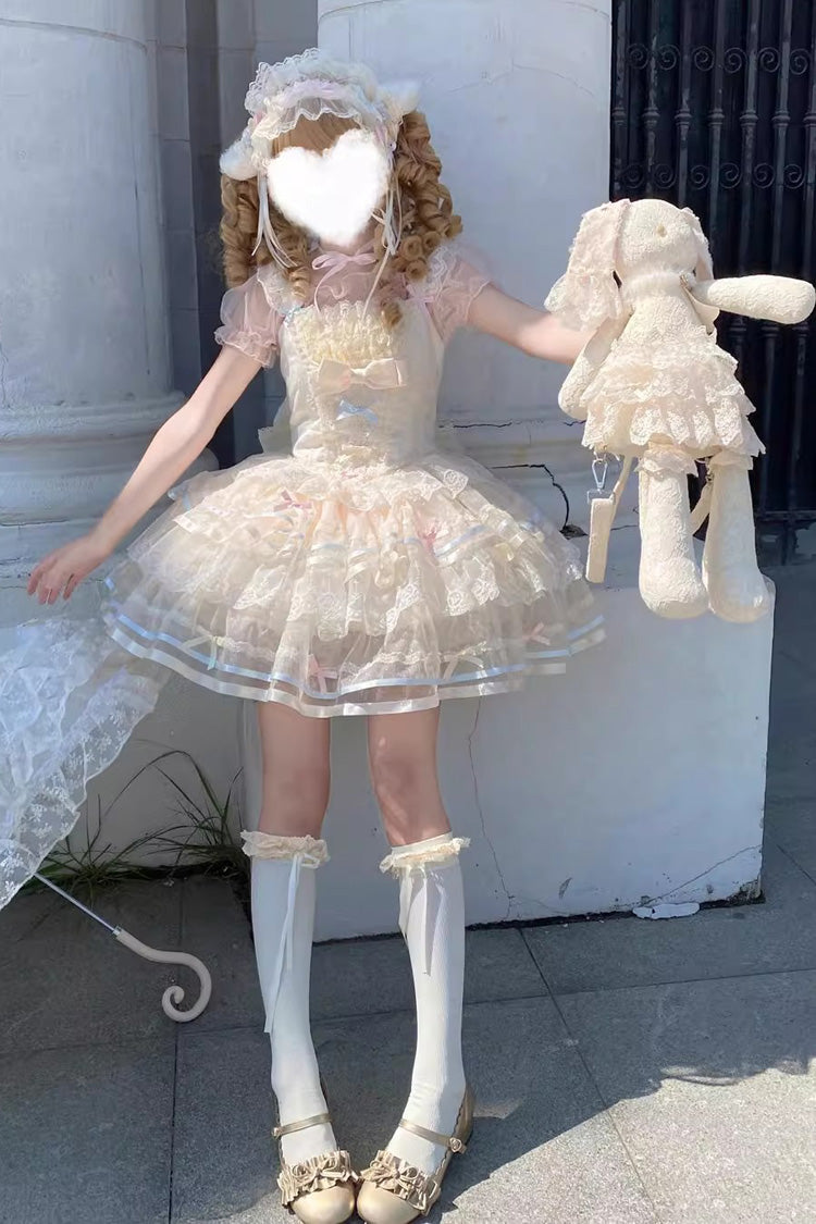 Apricot [Butterfly Heart Ballet] Triple-Layered Ruffle Bowknot Lace Sweet Ballet Lolita Jsk Dress