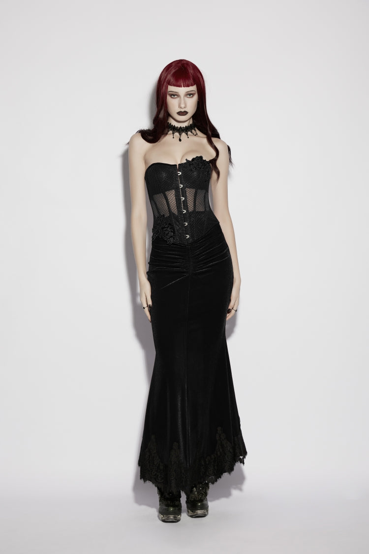Black Embroidered Lace Lace-Up Slim Sheer Strappy Women's Gothic Corset