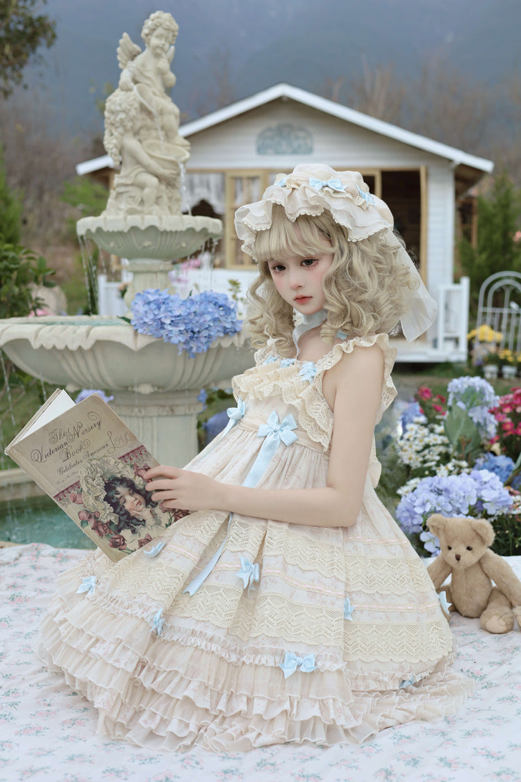 Beige [Little Wind Chime] Sleeveless Multi-Layered Printed Ruffled Bow Lace Sweet Elegant Princess Lolita Jsk Dress