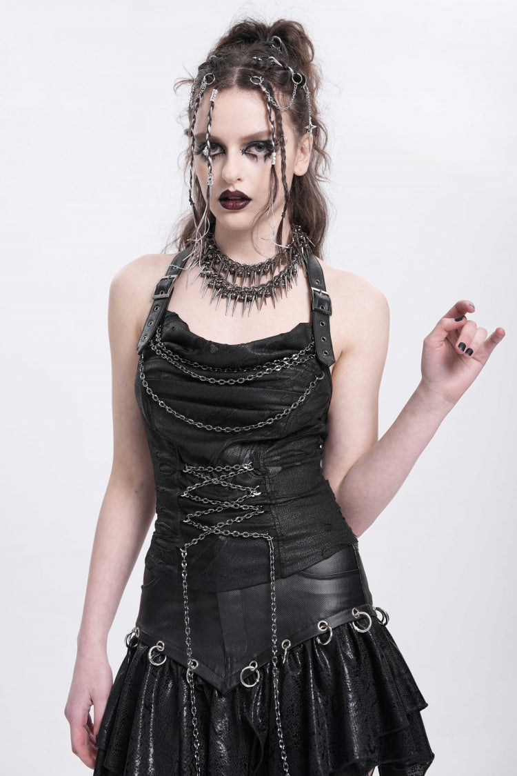 Black Halterneck Ripped Chained Women's Punk Vest